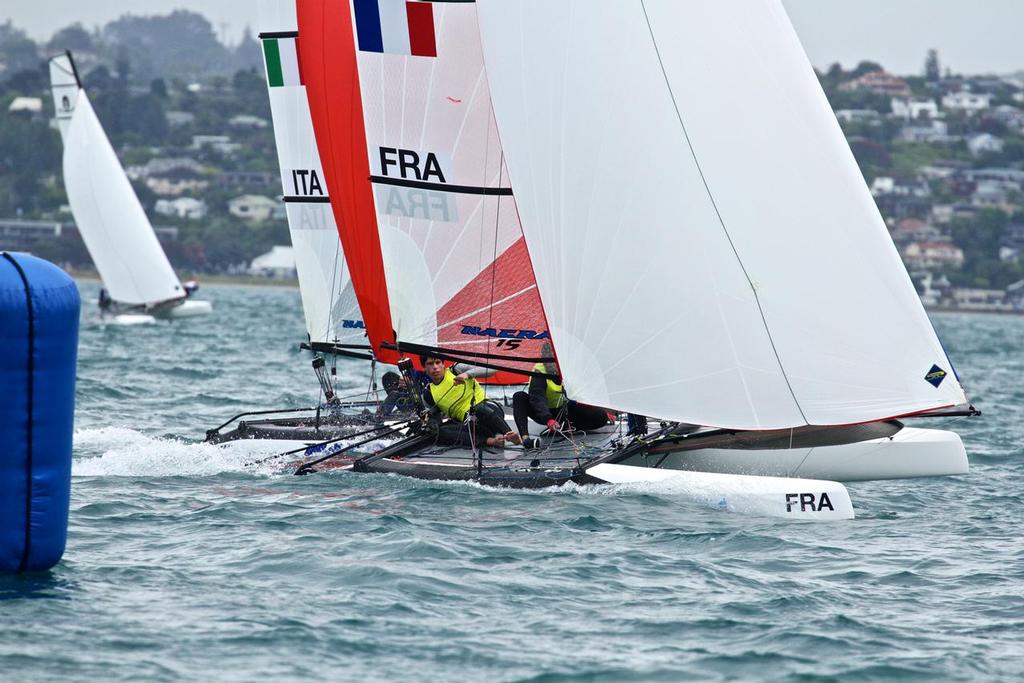Nacra 15 - Series winners - France head for the finish line -  Aon Youth Worlds 2016, Torbay, Auckland, New Zealand, Day 4, December 19, 2016 © Richard Gladwell www.photosport.co.nz